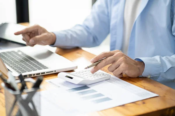 stock image Business man working by using laptop computer Hands typing on a keyboard. Professional investor working new start up project. business planning in office. Technology business Concept