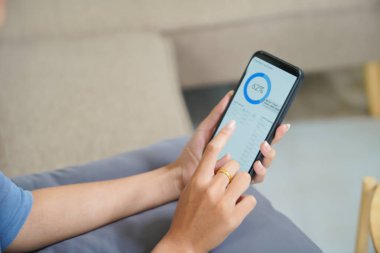 Akıllı telefondan finansmanı kontrol eden kadın. İnsan eli cep telefonu evden çalışıyor..
