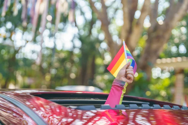 Happy Asian woman support LGBT pride parade in car. with Rainbow of LGBTQ or LGBTQIA