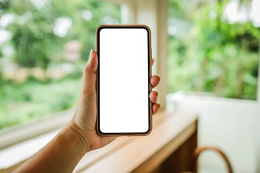 Cep telefonunun boş fotokopi ekranını tutan kadınların elleri. Beyaz ekranlı akıllı telefon izole edildi. Teknoloji konsepti olan akıllı telefon