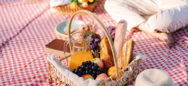 Picnic Lunch Meal Outdoors Park with food picnic basket. enjoying picnic time in park nature outdoors