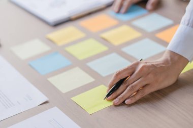 İş Adamları yapışkan notlar üzerinde çalışıyor, yaratıcı fikirler yazıyorlar, o da profesyonel yatırımcıların proje işine başladıklarını not ediyor.