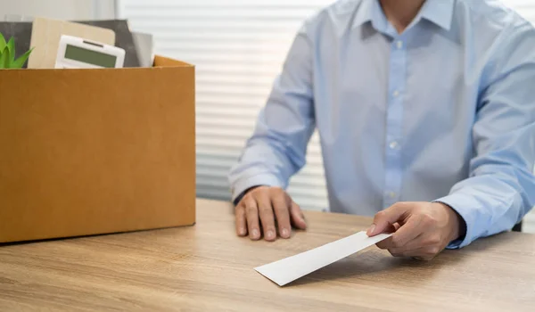Sending Resignation Letter Boss Holding Stuff Resign Depress Carrying Cardboard — Stock Photo, Image
