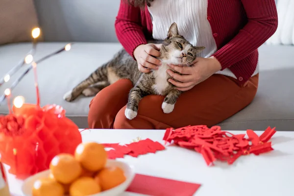 Casa Decorada Mujer Asiática Con Gato Para Celebraciones Año Nuevo —  Fotos de Stock