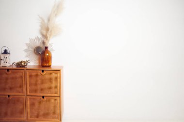 Güzel bir maket, posterin için beyaz duvar vazoda kurutulmuş pampa çiçekleri, ayna, çekmecede bronz bir böcek figürü. Kopyalama alanı olan arkaplan boş. Tasarımınız için şablon