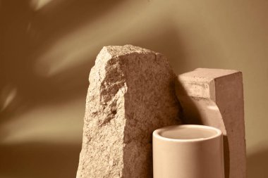 Kopyalamak için alanı olan bir tasarım ögesi. Bej taşın arka planında ürün sunumu için porselenden yapılmış bir podyum. Arka planda, canavarın yapraklarının gölgesi. Yüksek kalite fotoğraf