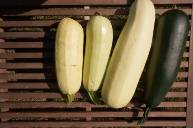 Dört büyük kabak, ahşap bir masanın üzerinde sıralanmış, kopyalanma ihtimali olan üst manzara. Yüksek kalite fotoğraf