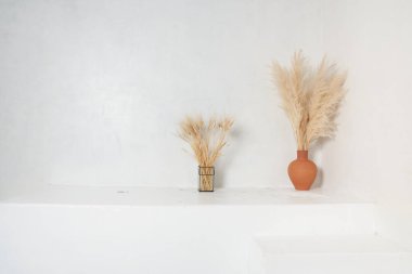 Kopyalanacak yeri olan boş bir podyum ve ürün düzeni, minimalist tarzda ve gölgeli vazoda kurumuş çiçekler. Yüksek kalite fotoğraf