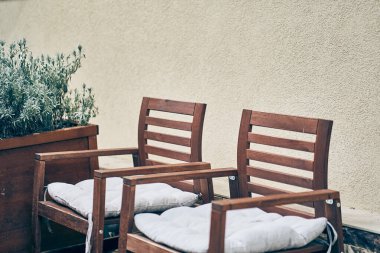 Arka bahçesinde yumuşak yastıklı iki sandalye ve açık bir alanda tahta bir çiçek tarlasında yeşil bir bitki. Kopyalayacak yer de var. Yüksek kalite fotoğraf