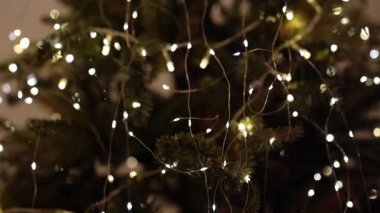 Bir sürü beyaz ışığı olan firavun dalları, tel üzerinde bir LED çelenk. Yaklaşan Noel ve Yeni Yıl 'ın sembolü olarak süslü dekorasyonlar. Yüksek kalite 4k görüntü