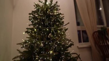 Bir sürü beyaz ışığı olan Noel ağacı, telde LED çelenk. Yaklaşan Noel ve Yeni Yıl 'ın sembolü olarak süslü dekorasyonlar. Yüksek kalite 4k görüntü