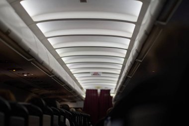 Yolcu koltuğu, koltuklarında yolcular oturan bir uçağın içi. Seyahat kavramı. Yüksek kalite fotoğraf