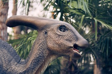 Parkta dinozor kafasının yakın çekimi. Güneşli bir yaz gününde parkta sergilenen dev bir parasaurolophus. Kopyalayacak yer de var. Yüksek kalite fotoğraf