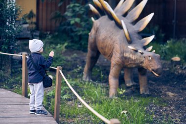 Stegosaurus 'un da sırtında bulunan çıkık kemik kalkanlarıyla kaplı bir kuyruğu vardır. Bir çocuk çitin arkasındaki bir dinozorun güzelliğine hayran. Kopyalayacak yer de var. Yüksek kalite fotoğraf