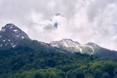 Bir yaz günü dağların üzerindeki bulutlar bitkilerle kaplıdır. Bir zaman dilimi. Kopyalayacak yer de var. Yüksek kalite fotoğraf
