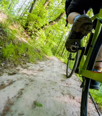 Bisikletçi orman yolunda, bisiklet manzaralı.