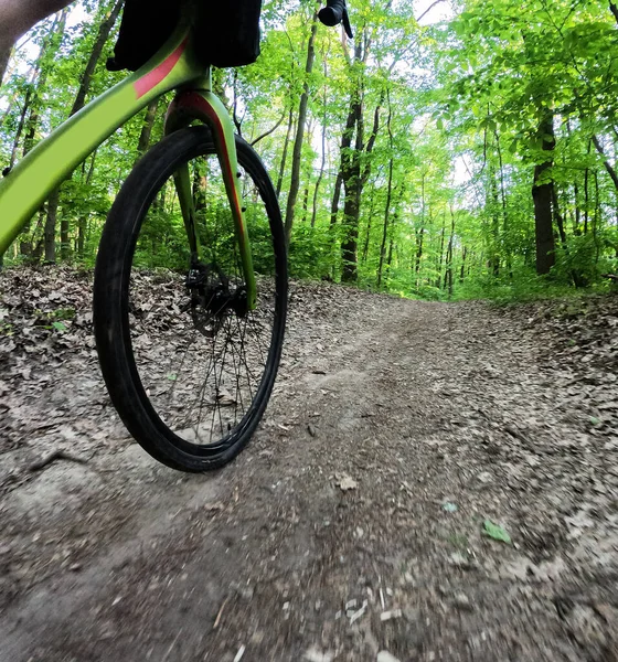 骑自行车的人骑在林间小径上 看自行车的底景 — 图库照片