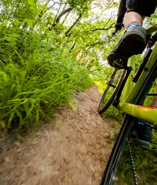 Езда Велосипедиста Лесной Тропе Вид Снизу Велосипед — стоковое фото