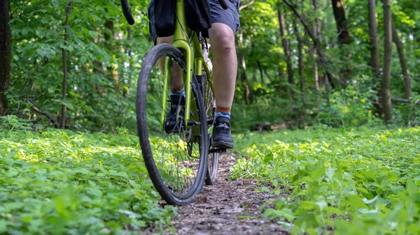 骑自行车的人沿着森林的小径骑在前轮和天平的框架内 — 图库照片