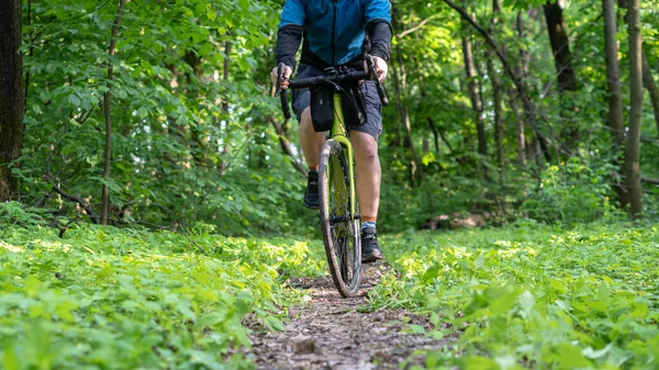 Der Radfahrer Fährt Rahmen Des Vorderrades Den Waldweg Entlang Und — Stockfoto