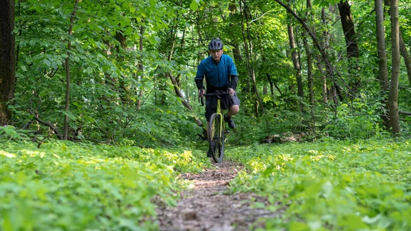 骑自行车的人走在森林里的一条小径上 前视镜 — 图库照片