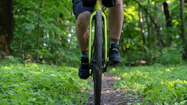骑自行车的人沿着森林的小径骑在前轮和天平的框架内 — 图库照片