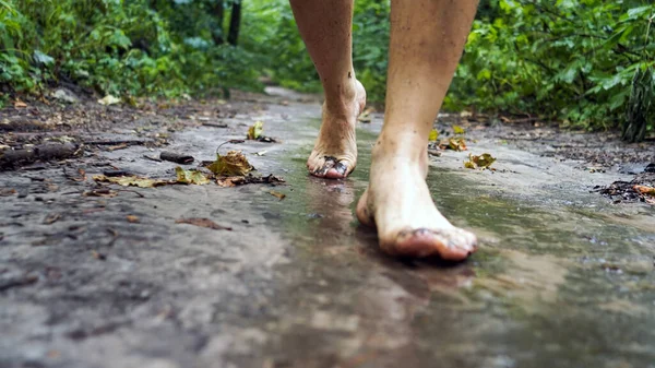 a man walks in nature with bare feet, stands in dirty water after rain