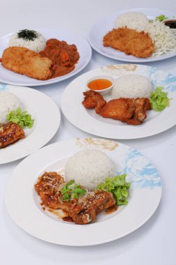 set of various plates of food, deep-fried chicken, and deep-fried pork isolated on white background, top view. 