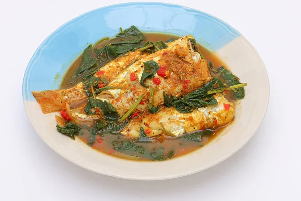 白の隔離された背景の白い皿にハーブと魚カレー タイ料理 トップ表示 — ストック写真