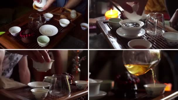 Chinese Tea Ceremony Dark Background Pouring Tea Collage — Stockvideo