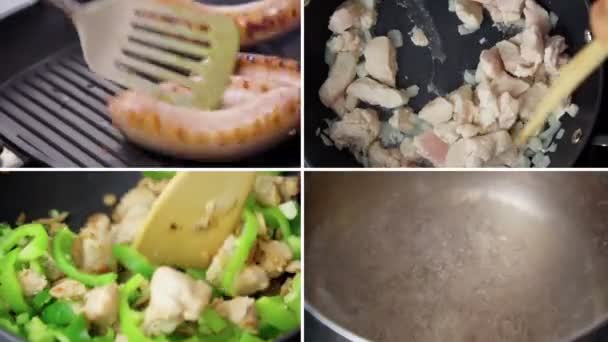 Κολάζ Από Διάφορες Εικόνες Γευστικού Φαγητού Μαγειρική Πιάτα Κρέας Λουκάνικα — Αρχείο Βίντεο