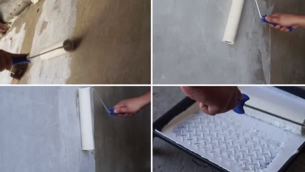 Painting White Wall Repairing Collage Roller Renovating White Color Paint — Wideo stockowe