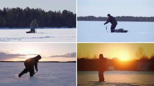 Χειμερινό Ψάρεμα Κολάζ Χειμερινή Δραστηριότητα Αλιείς Αλιεύουν Ψάρια Χειμώνα — Αρχείο Βίντεο