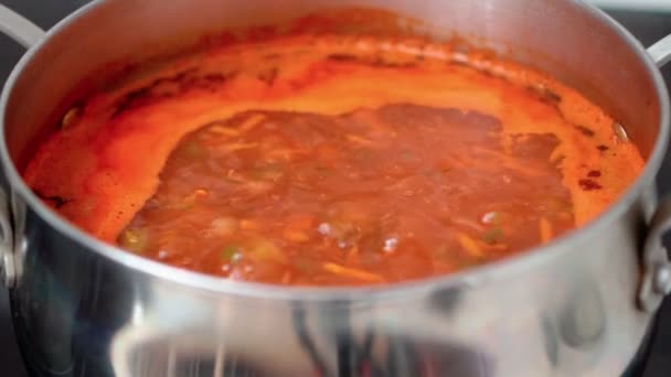Vegetable Soup Cooked Kitchen Stove Red Pepper Soup Close Slow — Stock Video
