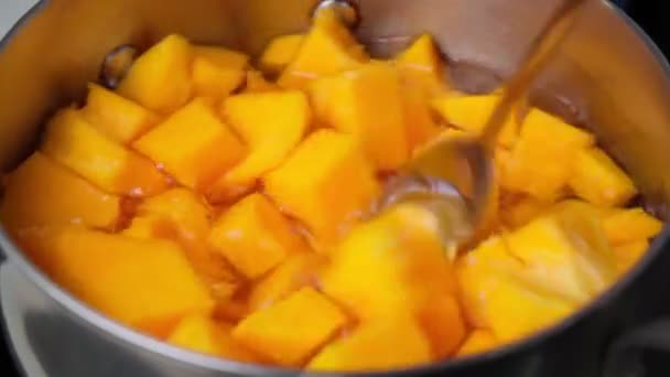 把南瓜片放在锅里的开水里烹饪健康 软焦点 — 图库视频影像