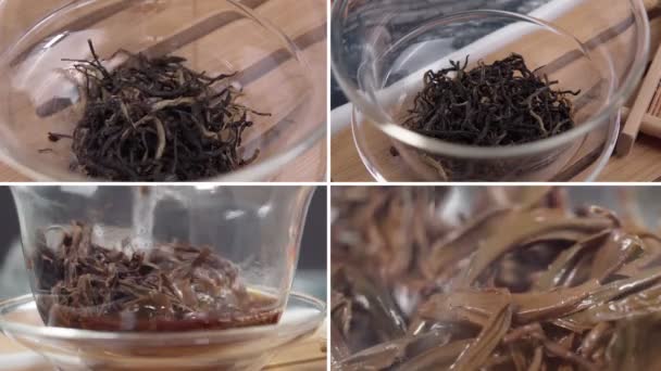Farklı Türde Kurutulmuş Çay Yaprakları Kolajı Kolaj Çayı Yakın Çekim — Stok video