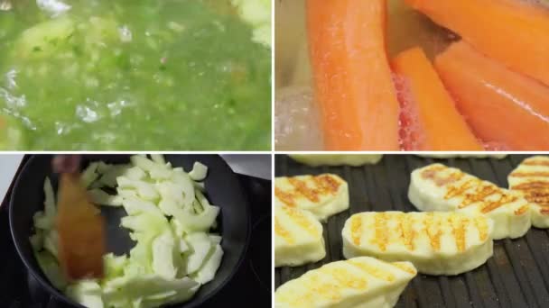 Preparation Various Food Broccoli Carrots Zucchini Cheese Frying Haloumi Cheese — Video Stock