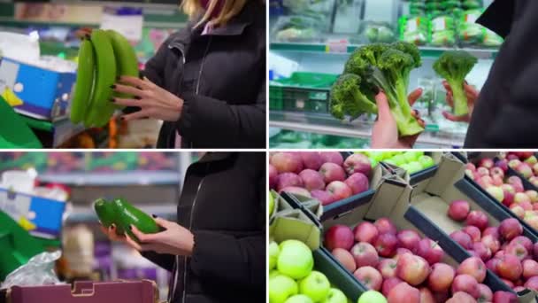 Choosing Fruits Healthy Vegetables Hypermarket Healthy Lifestyle Collage — Stockvideo
