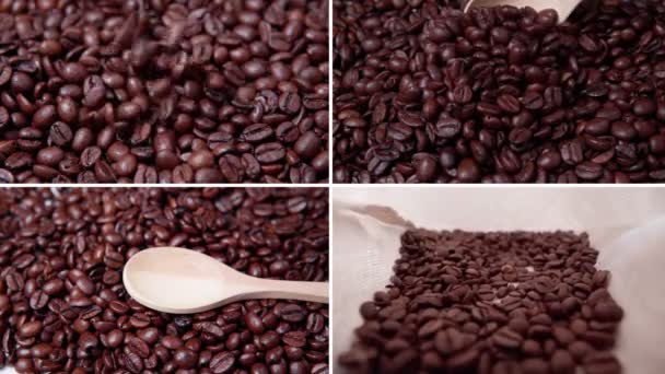 用烤咖啡豆拼凑在一起的照片不同咖啡类型的背景 — 图库视频影像