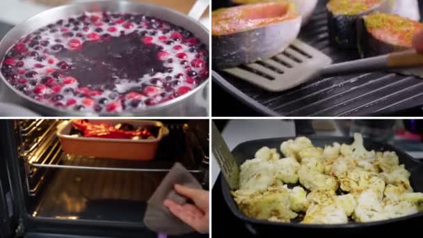 Collage Diferentes Alimentos Caseros Compota Salmón Berenjena Filetes Coliflor Comida — Vídeos de Stock