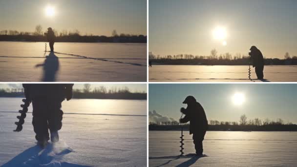 Зимова Риболовля Колаж Зимова Активність Рибалки Ловлять Рибу Взимку — стокове відео