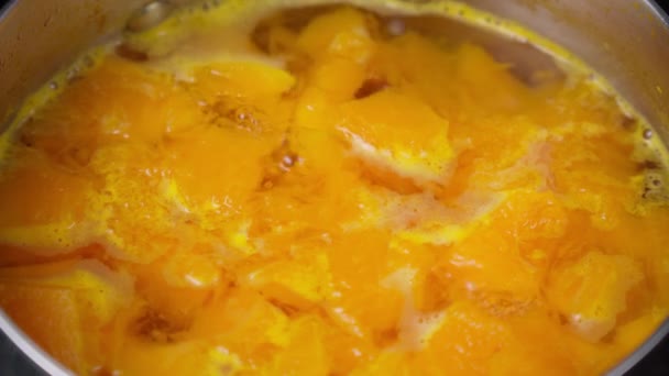 Pişmiş Balkabağı Soğan Sebzeden Vejetaryen Yemek Çorbası Yumuşak Odak — Stok video