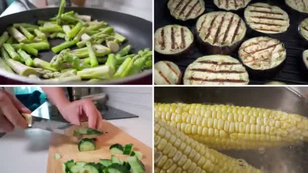 Alimentos Variados Espárragos Berenjenas Pepinos Maíz Delicioso Surtido Almuerzo Collage — Vídeo de stock
