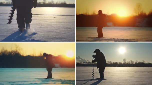 Pescador Com Uma Captura Grande Lúcio Uma Colagem Pesca Inverno — Vídeo de Stock