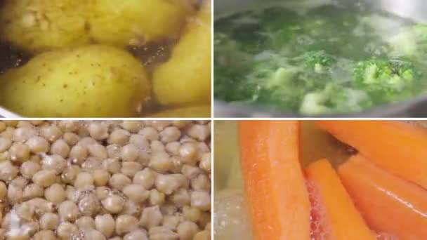 Cibo Vario Delizioso Pranzo Assortimento Patate Broccoli Ceci Collage Carote — Video Stock