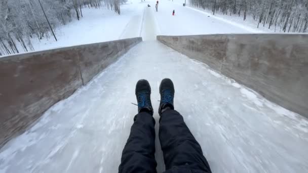 Riding Winter Slide Pov Video Winter Fun Games Leisure Fun — Stock Video