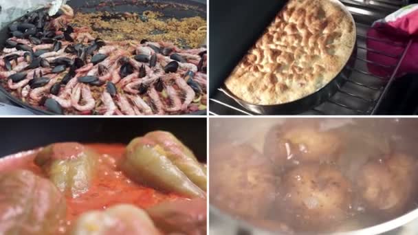 Patate Peperoni Torta Gamberetti Cibo Diverso Una Varietà Piatti Collage — Video Stock