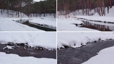 Winter landscape, collage of the winter season. Winter trees, lake and sky. Frosty snowy river