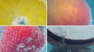 Fruit under water close-up collage. Orange, peach, strawberry coconut