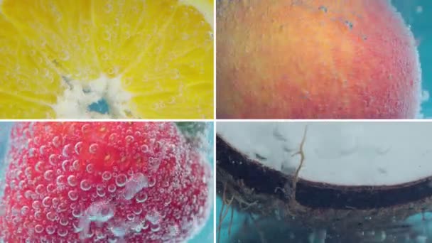 Fruta Bajo Agua Collage Primer Plano Naranja Melocotón Coco Fresa — Vídeo de stock